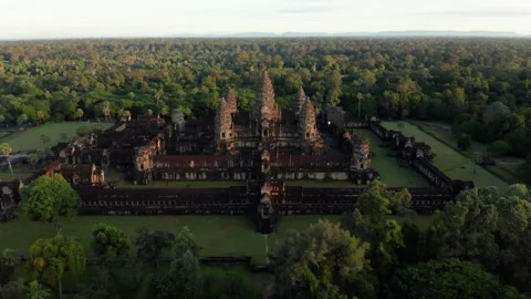 Drone shot of Angkor Wat during sunrise Stock Footage 246758480