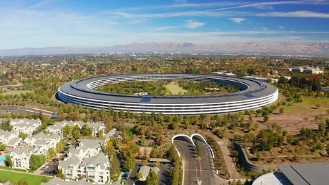 Drone shot of Apple Park completed spaceship offices in Cupertino, California Stock Footage 97920025