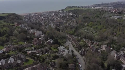 Drone shot approaching old town Hastings 스톡 동영상 296760299