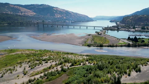 Drone shot approaching the White Salmon interstate bridge Hood River Stock Footage 248866872