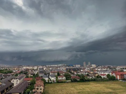 Drone shot of an Arcus cloud phenomenon, the storm clouds late in June. Summer Stock Photos