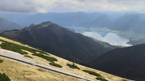 Drone Shot Of The Austrian Alps Mountain in Salzkammergut called Schafberg Stock Footage 220557769