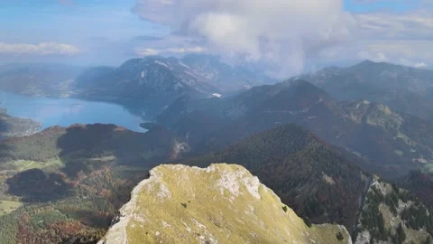Drone Shot Of The Austrian Alps Mountain in Salzkammergut called Schafberg Stock Footage 220574091