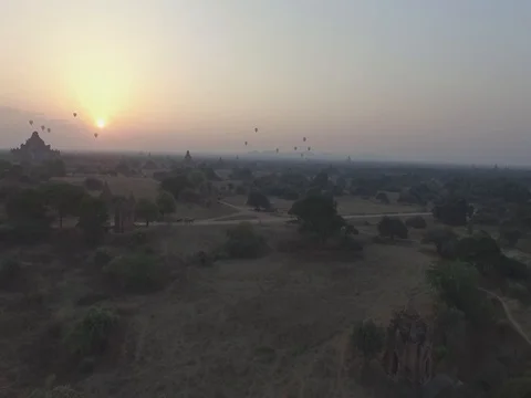 Drone shot: Bagan temples in Myanmar during sunrise Stock Footage 81796799