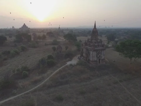 Drone shot: Bagan temples in Myanmar during sunrise Stock Footage 81796874