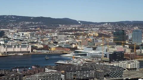 Drone shot of Barcode from Ekeberg in Oslo, Norway, slow back Stock Footage 95037889