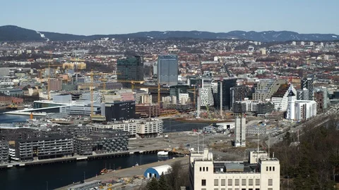 Drone shot of Barcode from Ekeberg in Oslo, Norway, wide Stock Footage 95038235