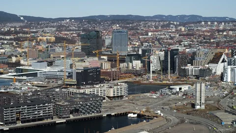 Drone shot of Barcode from Ekeberg in Oslo, Norway, slow Video stock 95038805
