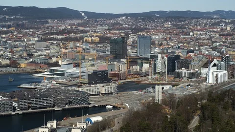 Drone shot of Barcode from Ekeberg in Oslo, Norway, side Video stock 95039336