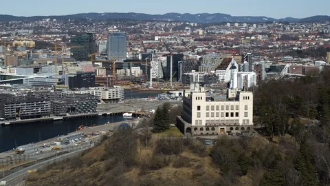 Drone shot of Barcode from Ekeberg in Oslo, Norway, in Video stock 95039996