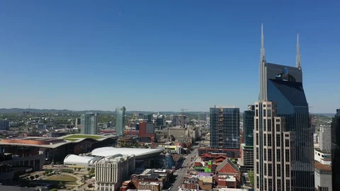 Drone shot of the Batman building and skyline in Nashville, Tennessee Stock Footage 128654697