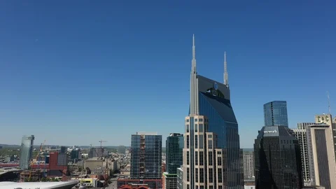 Drone shot of the Batman building and skyline in Nashville, Tennessee Stock Footage 128654872