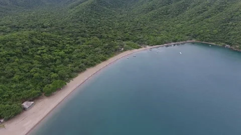 Drone Shot of Bay with Village Fisherman boats Virgin Beach Stock Footage