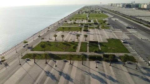 Drone shot of a bayfront Boulevard  with bicycle lane Stock Footage 333592040