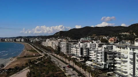 Drone Shot of the Beach in a Bright Day with Palm Trees and Blue Water Stock Footage 152932481