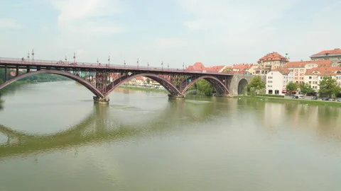 Drone Shot Of A Beautiful Bridge Going Acros River Stock Footage 136662031