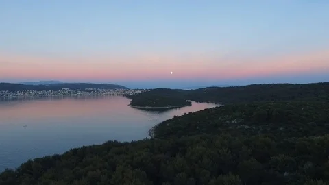 Drone Shot Of Beautiful Evening Sunset Warm Summer Evening Moon In The Sky Stock Footage 122300958