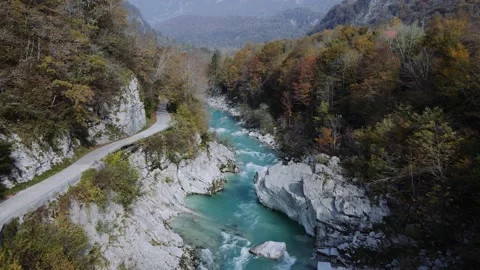 Drone shot of Beautiful river witih a tiny road Stock Footage 214401539