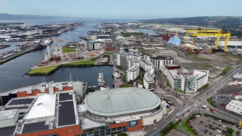Drone shot of Belfast Harbour and its industrial surroundings, Northern Ireland Stock Footage 292632766