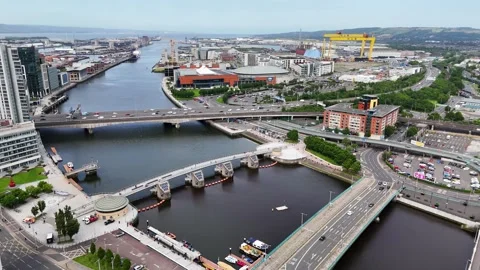 Drone shot of Belfast's urban layout and landmarks in Northern Ireland, UK Stock Footage 292632654