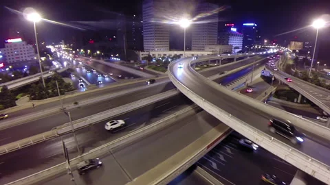 Drone shot of a big intersection at night Stock Footage 132144625