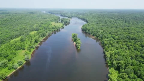 Drone Shot of Blue River with Trees Along Shoreline with Green Forest Landscape Stock Footage 244958757