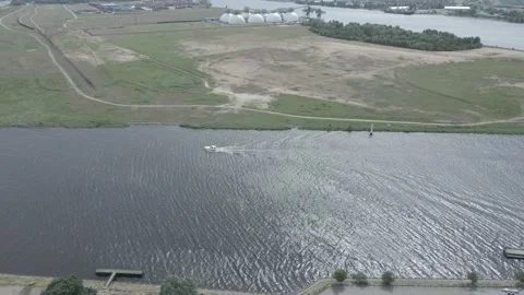 Drone shot of a boat in the river Stock Footage 155697608