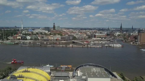 Drone shot of boats and ship sailing at Musical Boulevard Hamburg Stock Footage 120151069