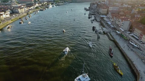 Drone shot of boats on a river from high above. Stock Footage 327684860