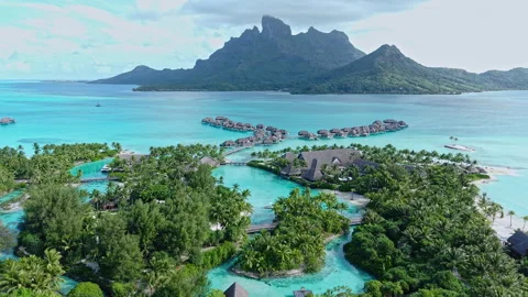 Drone Shot of Bora Bora Island, French Polynesia. Luxury Resort With Villas Vídeos de archivo 340917485