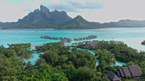 Drone Shot of Bora Bora Island Luxury Resort and Lagoon, French Polynesia Stock Footage 345217422