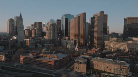 Drone shot of Boston's Seaport District at sunrise Stockbeeldmateriaal 333524680