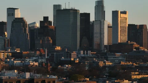 Drone shot of Boston's Seaport District at sunrise Stockbeeldmateriaal 333931811