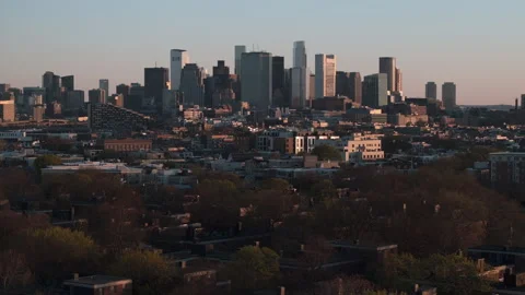 Drone shot of Boston's Seaport District at sunrise Видео 333932603