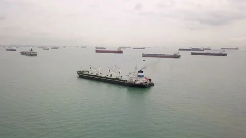 Drone shot of bulk carrier with cranes, Singapore Stock Footage 157572020