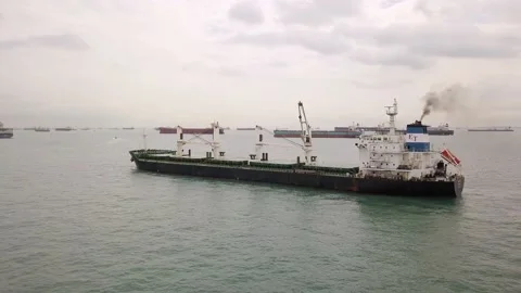Drone shot of bulk carrier with cranes, Singapore Stock Footage 157572026