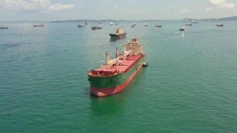 Drone shot of bulk carrier with cranes, Singapore Stock Footage 157572217