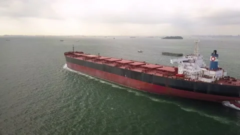 Drone shot of bulk carrier sailing, Singapore Straits Stock Footage 157572006