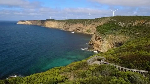Drone shot of bush walker at Cape Nelson lookout. Stock Footage 86888659