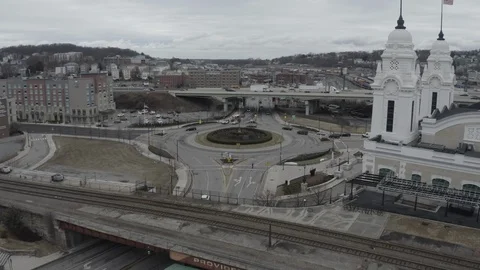 Drone Shot of a Busy Traffic Circle FLAT FOOTAGE Stock Footage 124554779