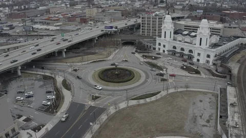 Drone Shot of a Busy Traffic Circle FLAT FOOTAGE Stock Footage 124554862