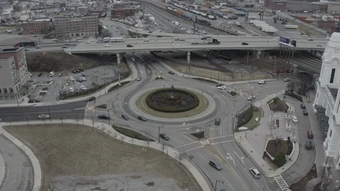 Drone Shot of a Busy Traffic Circle FLAT FOOTAGE Stock Footage 124554987
