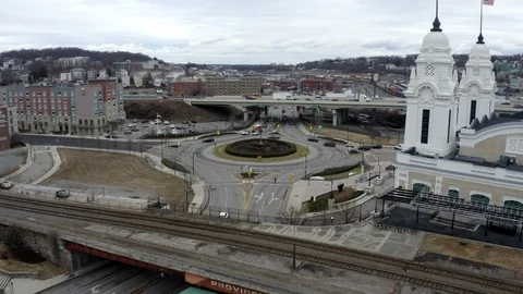 Drone Shot of a Busy Traffic Circle Stock Footage 124555837