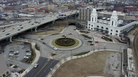 Drone Shot of a Busy Traffic Circle Stock Footage 124555879