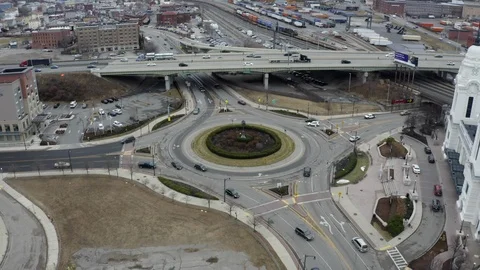 Drone Shot of a Busy Traffic Circle Stock Footage 124555916