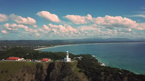 Drone Shot of Byron Cape Lighthouse and Tallow Beach, Byron Bay, New South Wales Stock Footage 294634580