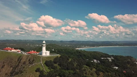 Drone Shot of Byron Cape Lighthouse and Tallow Beach, Byron Bay, New South Wales Stock Footage 294634724
