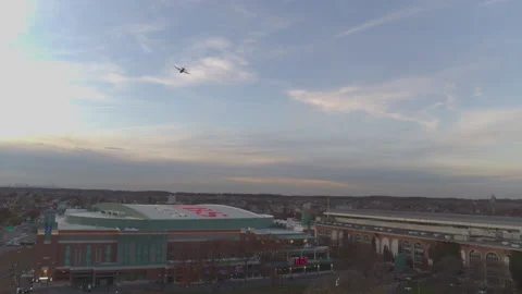 Drone Shot of C-130 Flyover at UBS Arena Opening Night at Belmont Park, NY Video stock 235504318