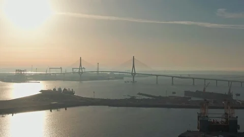 Drone shot of the cable-stayed bridge in Cadiz Stock Footage 119444236