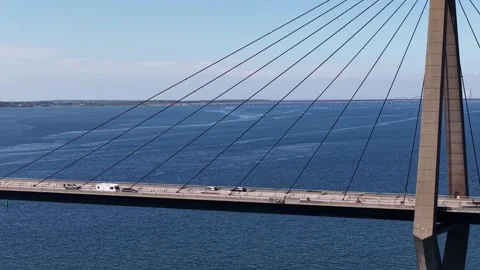 Drone shot of cable-stayed pylon, Faro Bridge landmark, Denmark Stock Footage 337157881